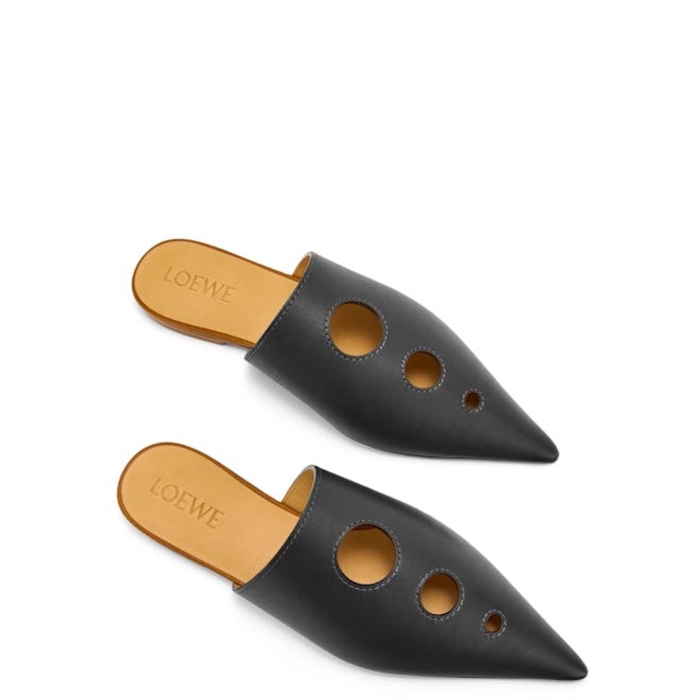 Loewe Black Pointed Leather Slide Mules with Circular Cutouts
